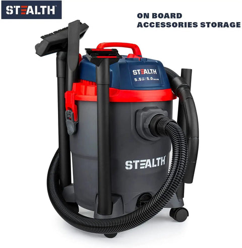Beast 5.5 Peak HP Wet And Dry Shop Vacuum With 5 Gallon Tank And Blower Drain Port shown with onboard accessory storage