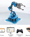 Robotic arm kit, front view, blue metal, 6-axis on round base for Arduino STEM learning