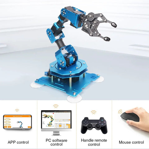Robotic arm kit, front view, blue metal, 6-axis on round base for Arduino STEM learning