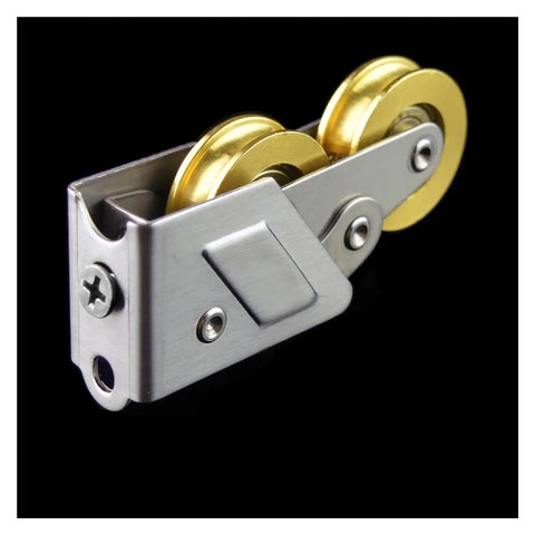 Replacement Sliding Patio Door Rollers, 2008 Type Double Copper Wheels With Stainless Steel Shell, 27.8mm close-up view of roller with brass wheel