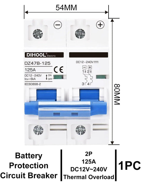 Front view of DC Circuit Breaker 125A Two Pole Solar Disconnect Switch For 12V To 240V Systems Built Tough For Solar Setups