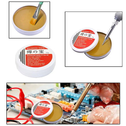 Pro DIY Soldering Iron Kit Four In One With Brass Tip Cleaner That Works Without Water Point Six Millimeter Solder Wire Fifty Gram Rosin Flux Paste Ten Gram No Clean Core Solder Handy Welding Tool Set For Home Projects showing rosin flux paste