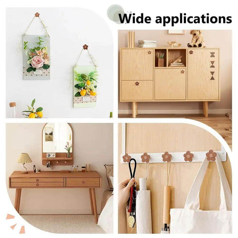 10 Pcs Flower Wooden Cabinet Knobs In Coconut Brown, Two Sizes, shown on various furniture applications