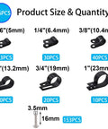 306-Piece Black Nylon R-Type Cable Clamps Kit With Screws For Easy Wire Management, Six Sizes 3/16, 1/4, 3/8, 1/2, 3/4, 1 Inch