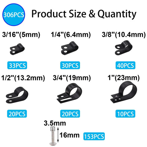 306-Piece Black Nylon R-Type Cable Clamps Kit With Screws For Easy Wire Management, Six Sizes 3/16, 1/4, 3/8, 1/2, 3/4, 1 Inch