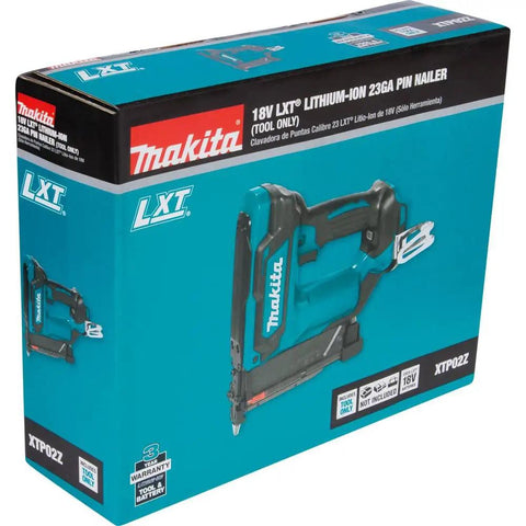 Cordless 18V LXT 23 Gauge Pin Nailer Pro Grade packaging showing tool and features on box
