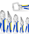 Heavy-Duty Locking Pliers Set With Curved Jaw Vise Grips And Needle Nose Pliers, Includes 5, 7, And 10 Inch Curved Jaws Plus 6-1/2 And 9-1/2 Inch Needle Nose, And A 6 Inch C Clamp For Woodworking, Metalworking And Welding, Tough Carbon Steel.