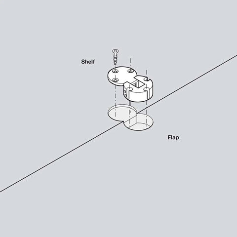 Diagram of Concealed 90 Degree Flap Lid Hinge For Wooden Cabinets And Cupboards With 30mm Cup Diameter Nickel Plated Detachable Fittings.