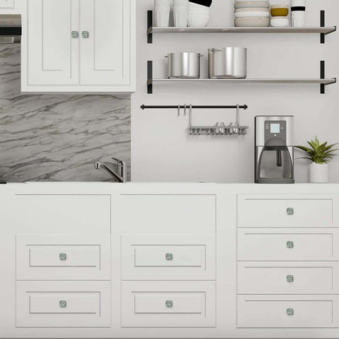 White kitchen drawers with 12 Pack Crystal Clear Glass Cabinet Knobs With Screws Square Pulls For Dresser Drawers And Wardrobe.
