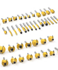 Deadly Sharp 100 Piece 1/4 Inch Shank Router Bit Set Tungsten Carbide Woodworking Milling Cutters arranged for easy access.