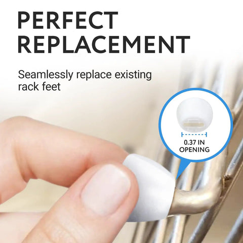 Replacement Feet for Kitchen Sink Rack and Grate, 16 Pack, White Rubber 0.37 Inch Opening, being fitted on a rack