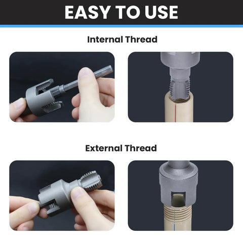 Heavy Duty PVC Pipe Threader Kit For 1/2 Inch And 3/4 Inch Plastic Pipes demonstrating internal and external threading features.