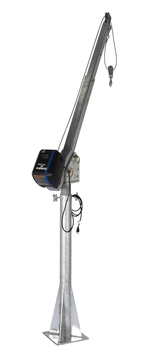 Heavy Duty AC Powered Jib Crane With Dope Galvanized Finish, 2000 LB Load Capacity, 3 To 5 FT Telescoping Boom, 360 Degree Swivel, No Sweat Workshop Hoist For Daily Heavy Lifting Tasks, side view with steel structure.