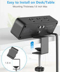 6 Outlet Desk Clamp Power Strip With USB-C And USB-A, Flat Plug Surge Protector, clamped on desk edge, black