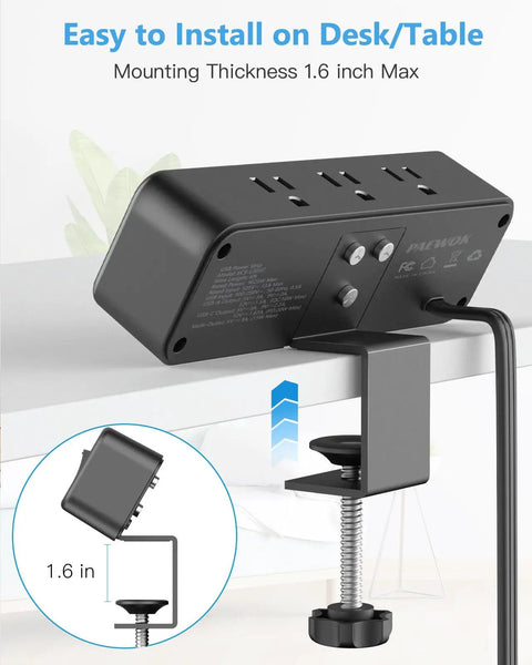 6 Outlet Desk Clamp Power Strip With USB-C And USB-A, Flat Plug Surge Protector, clamped on desk edge, black