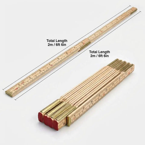 Foldable Wood Ruler 6 Ft 6 In with US and Metric Measurements extended and folded, showing durable wood build and accuracy.