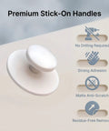 Premium stick-on knob handle in matte white highlighting no drill requirement and strong adhesion features.