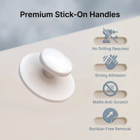 Premium stick-on knob handle in matte white highlighting no drill requirement and strong adhesion features.