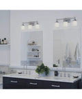 Modern bathroom with Alexa Collection 3 Light Bath Vanity Light With Etched Linen Glass and Clear Edge Glass in Brushed Nickel Finish