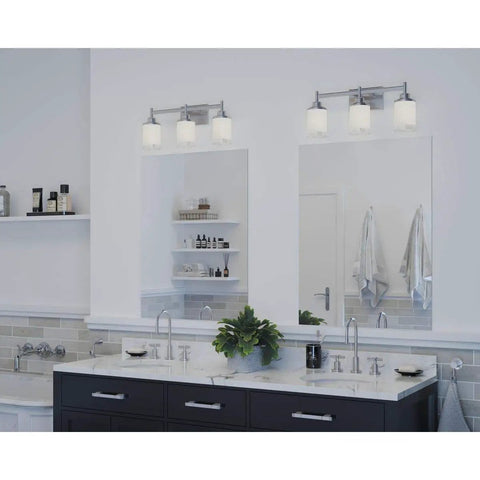 Modern bathroom with Alexa Collection 3 Light Bath Vanity Light With Etched Linen Glass and Clear Edge Glass in Brushed Nickel Finish