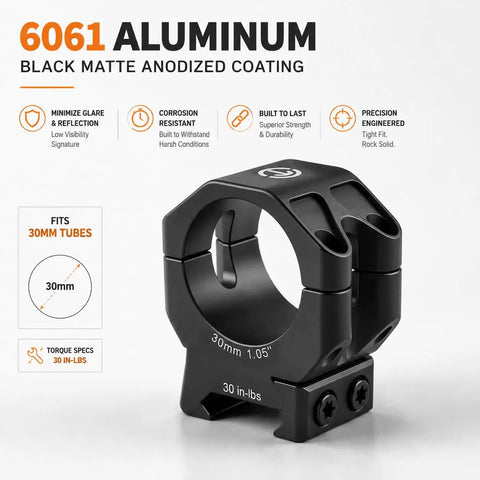 Rock Solid Medium 30 Millimeter Scope Rings With 1.05 Inch Center Height For Picatinny Rails CNC Machined From 6061 T6 Aluminum
