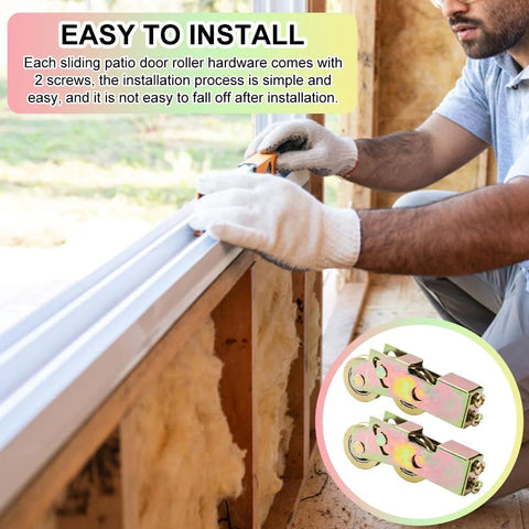 2 Pack Sliding Door Rollers Replacement Kit With 1-1/4 Inch Tandem Wheels Ball Bearing For Rear Sliding Doors Gates And Screen Doors Easy To Install And Provides Smooth Noiseless Glide That Delivers Quiet Operation And Long Lasting Performance installed with man using tools