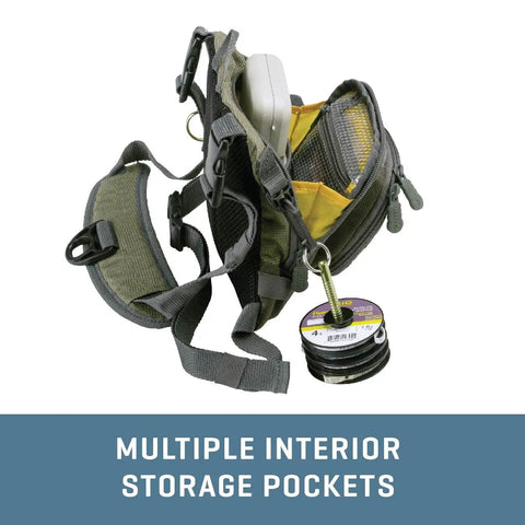 Green Micro Fly Fishing Chest Pack With Front Workstation And Tippet Spool Holder showing interior storage compartments