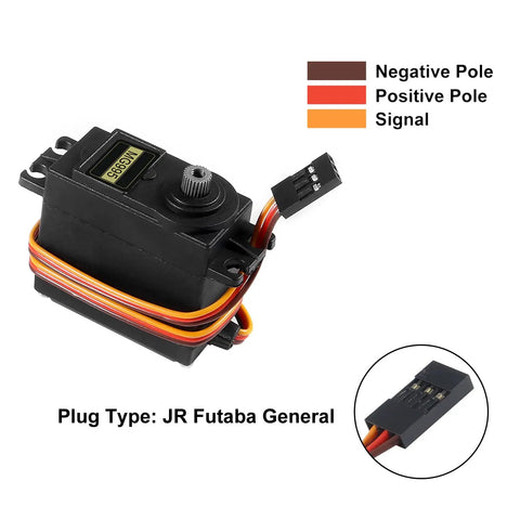 Close-up of Two Pack MG995 Servo Motors With 180 Degree Metal Gear High Torque Digital Servo For RC with labeled wire connections.