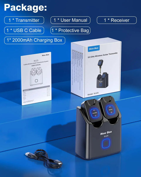 5.8GHz Wireless Guitar System With Charging Box, 6 Channels, transmitters, receiver, charging kit, and accessories displayed.
