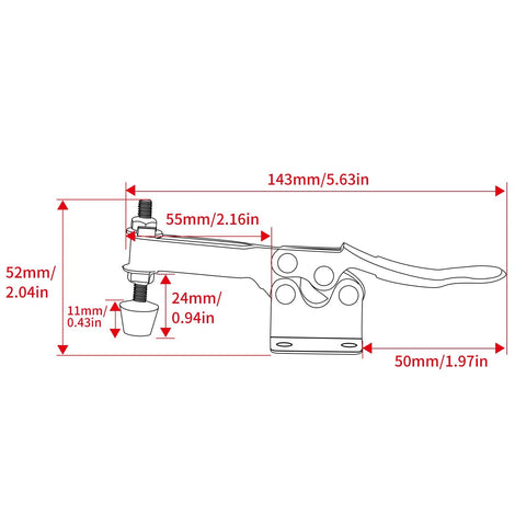 Red hold-down toggle clamp, side-view diagram showing anti-slip pad, horizontal quick-release, 200 lb capacity.