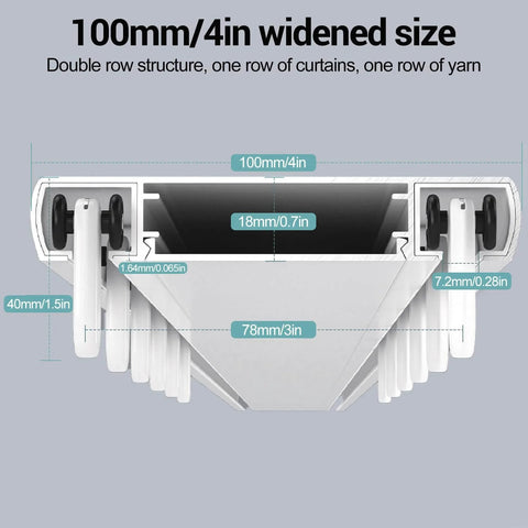 Diagram of the Ceiling Mounted Double Row Curtain Track System with Silent Heavy Duty Pulleys and measurements.