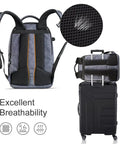 Back view of Beast Pro Camera Backpack with breathable mesh, ergonomic shoulder straps, and luggage strap attached to a suitcase.