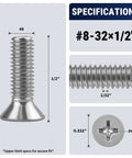 Heavy Duty Number Eight Thirty Two By One Half Inch Phillips Flat Head Machine Screws Packed In A Rock Solid Hundred Count Of Rust Resistant 304 Grade Stainless Steel Fasteners Built Different For Unc Coarse Thread Fit specifications showing dimensions and details.