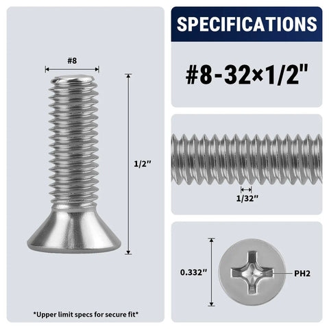 Heavy Duty Number Eight Thirty Two By One Half Inch Phillips Flat Head Machine Screws Packed In A Rock Solid Hundred Count Of Rust Resistant 304 Grade Stainless Steel Fasteners Built Different For Unc Coarse Thread Fit specifications showing dimensions and details.