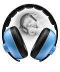 Baby Ear Protection Headphones With Noise Canceling Earmuffs For Infants Ages 3 Months To 3 Years Blue in front of sleeping infant