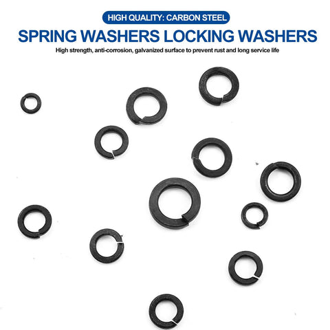 Heavy Duty Zinc Plated Carbon Steel Lock Washers Assortment Kit 300 PCS Split Spring Hardware M3 M8 various sizes laid out on white background.