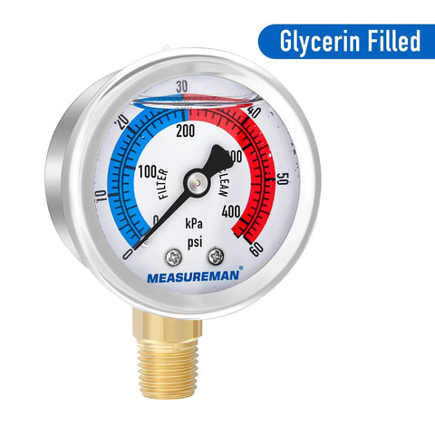 MEASUREMAN 2-inch glycerin-filled pool filter pressure gauge, 304 SS case, 0-60 psi / 0-420 kPa, 1/4" NPT lower mount