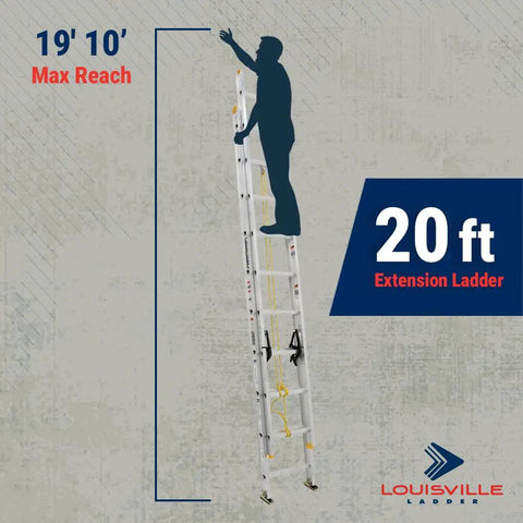 20 Foot Aluminum Extension Ladder With 250 Pound Load Capacity Type I For Home And Pro Use Lightweight Yet Durable Meets Or Exceeds Industry Safety Standards Great For DIY Projects And Job Sites AE3220 20 ft extension ladder, max reach graphic
