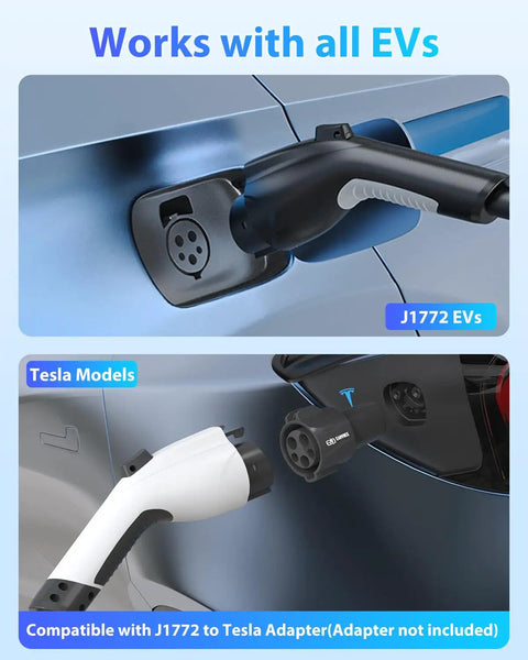 Extra Long J1772 EV Charger Extension Cable 40 Amp 30 Ft Heavy Duty Charging Cord connecting J1772 and Tesla ports.