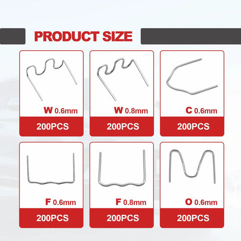 Plastic Welder Staples Kit With 6 Types Hot And Wave Staples for repairs, showing 6 shapes, sizes 0.6mm and 0.8mm.