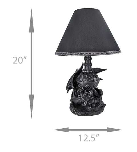 Draco Awakens Lying Dragon Lamp With Treasure Guardian Vibe, 20 Inch Tall Resin Table Light, 12.5 Inch Shade displayed.