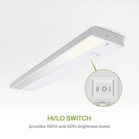 No-Fuss 12 Inch LED Under Cabinet Lighting, Plug-In or Hardwired, Dimmable with Hi-Low Off Switch, white finish close-up view.