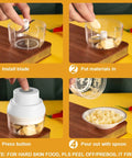 Electric Garlic Chopper Mini, Portable USB Rechargeable Food Processor Mincer With Garlic Peeler And Spoon, Hands Free Small Kitchen Gadget For Quick Meal Prep, White showing installation and usage steps.