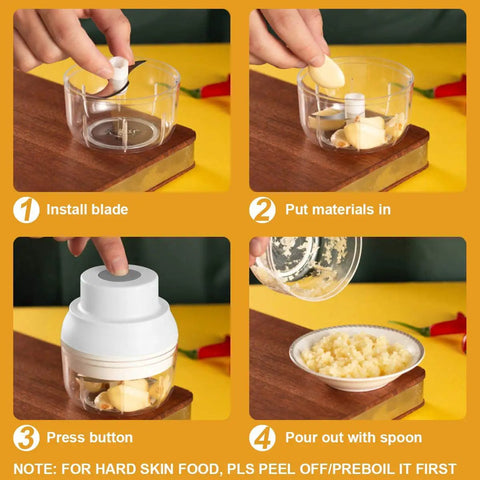 Electric Garlic Chopper Mini, Portable USB Rechargeable Food Processor Mincer With Garlic Peeler And Spoon, Hands Free Small Kitchen Gadget For Quick Meal Prep, White showing installation and usage steps.