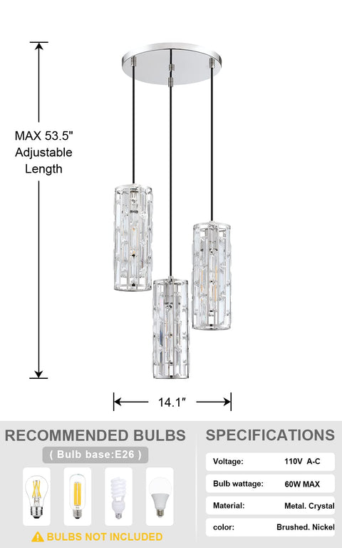 Three Light Crystal Kitchen Island Pendant With Nickel Finish, Dope Modern Crystal Plate Metal Shade Fixture for Bar