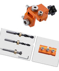 3 In 1 Wood Joinery Drill Jig Set Adjustable Hole Locator Puncher with drill bits, orange metal body for furniture assembly.