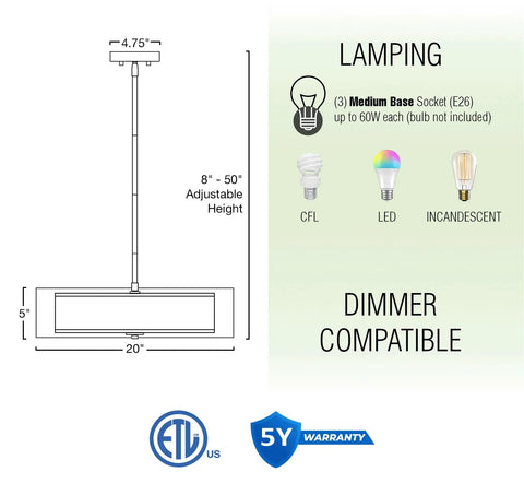 Diagram of Cool Lindos 20 Inch Modern Double Drum Pendant Light with adjustable height and lamp base details, ETL certified.
