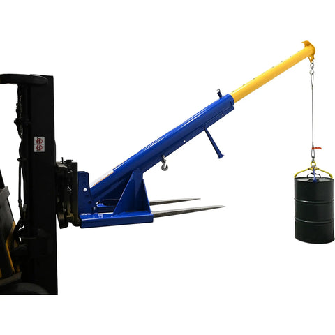 Heavy Duty Orbital Telescoping Boom Lift 4000 Pound Capacity with blue fork and black drum being lifted for easy warehouse maintenance.