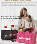 Smart Container Coin Bank Piggy Bank With LCD Display, black and pink container-shaped banks with flags, children in background