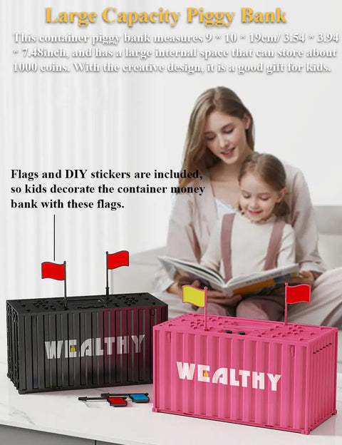 Smart Container Coin Bank Piggy Bank With LCD Display, black and pink container-shaped banks with flags, children in background